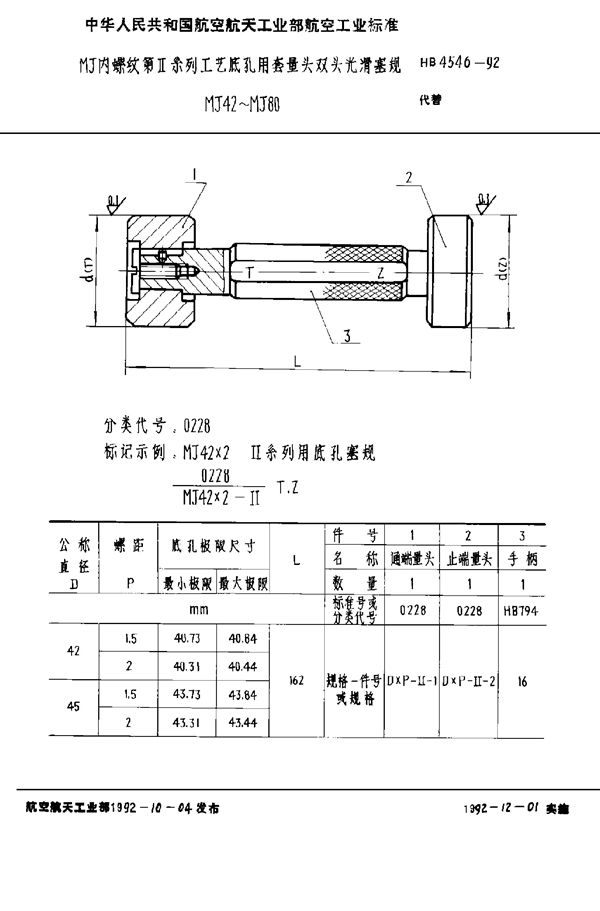 MJ内螺纹第Ⅱ系列工艺底孔用套量头双头光滑塞规 MJ42～MJ80 (HB 4546-1992)