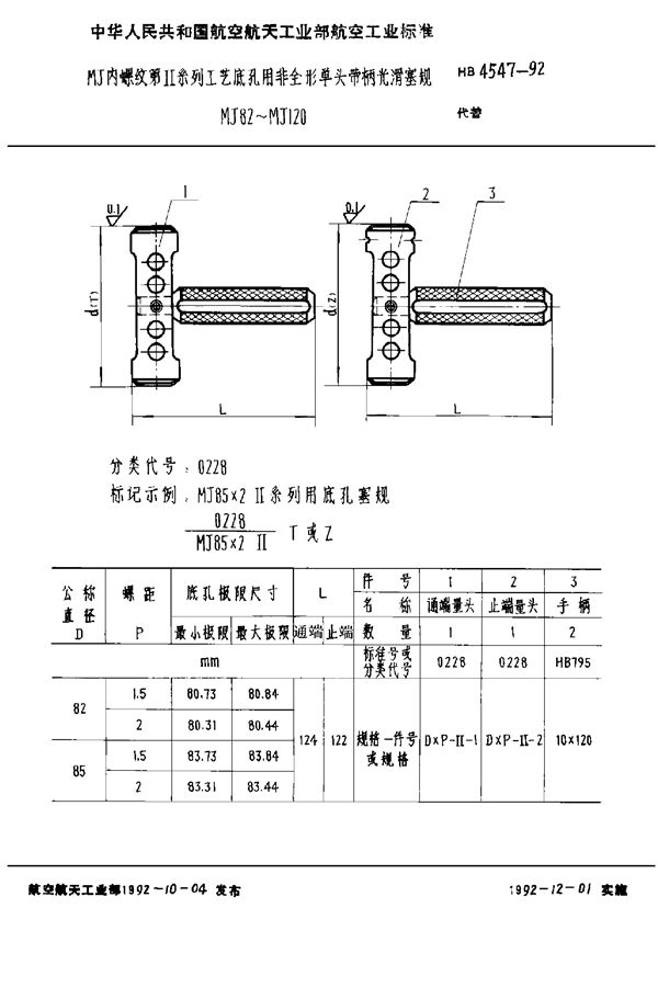 MJ内螺纹第Ⅱ系列工艺底孔用非全形单头带柄光滑塞规 MJ82～MJ120 (HB 4547-1992)