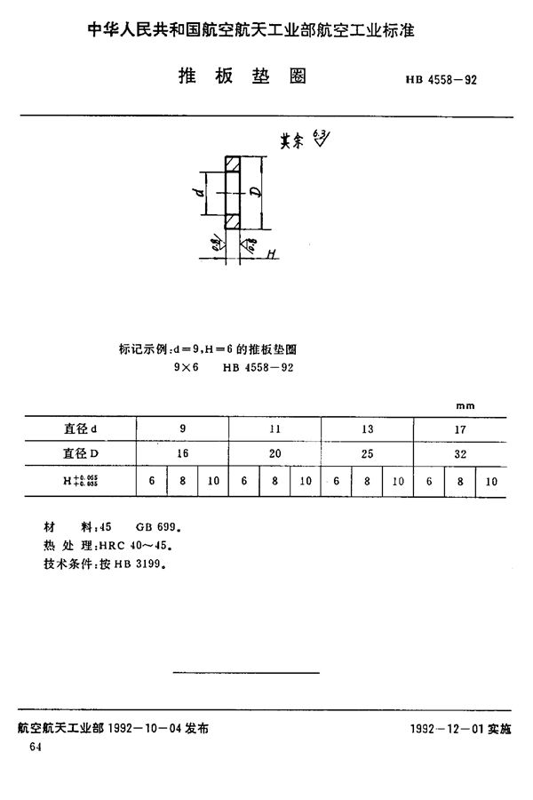 推板垫圈 (HB 4558-1992)