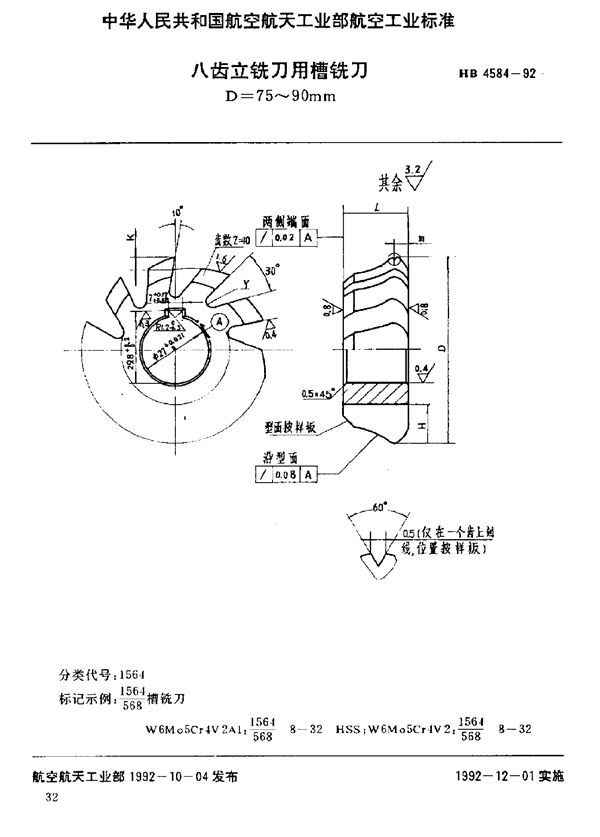 八齿立铣刀用槽铣刀 D=75～90mm (HB 4584-1992)