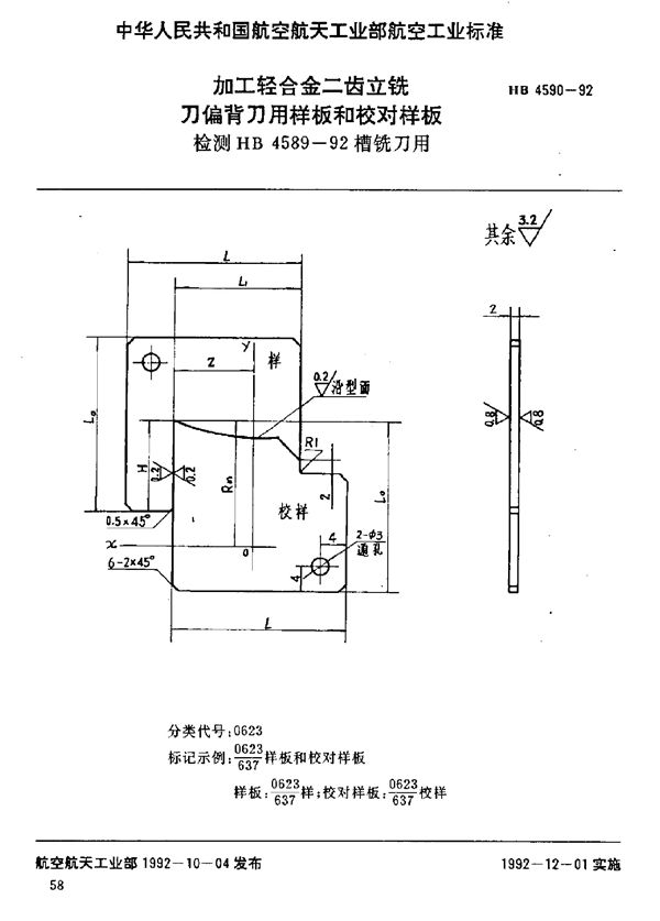 加工轻合金二齿立铣刀偏背刀用样板和校对样板 检测HB 4589-92槽铣刀用 (HB 4590-1992)