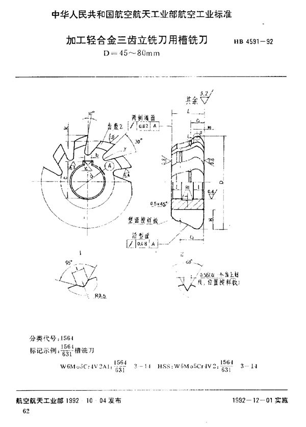 加工轻合金三齿立铣刀用槽铣刀 D=45～80mm (HB 4591-1992)