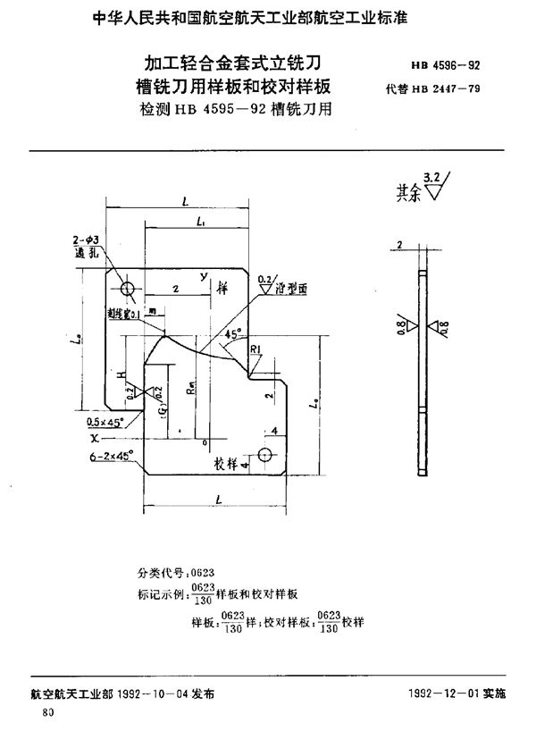 加工轻合金套式立铣刀槽铣刀用样板和校对样板 检测HB 4595-92槽铣刀用 (HB 4596-1992)