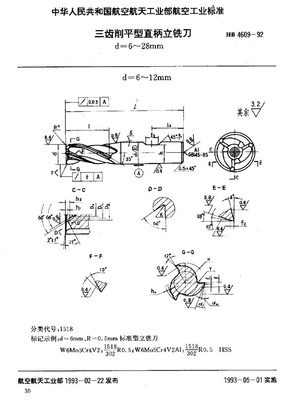 三齿削平型直柄立铣刀 d=6～28mm (HB 4609-1992)