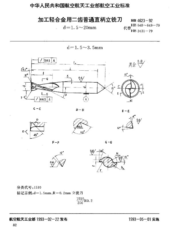 加工轻合金用二齿普通直柄立铣刀 d=1.5～20mm (HB 4623-1992)