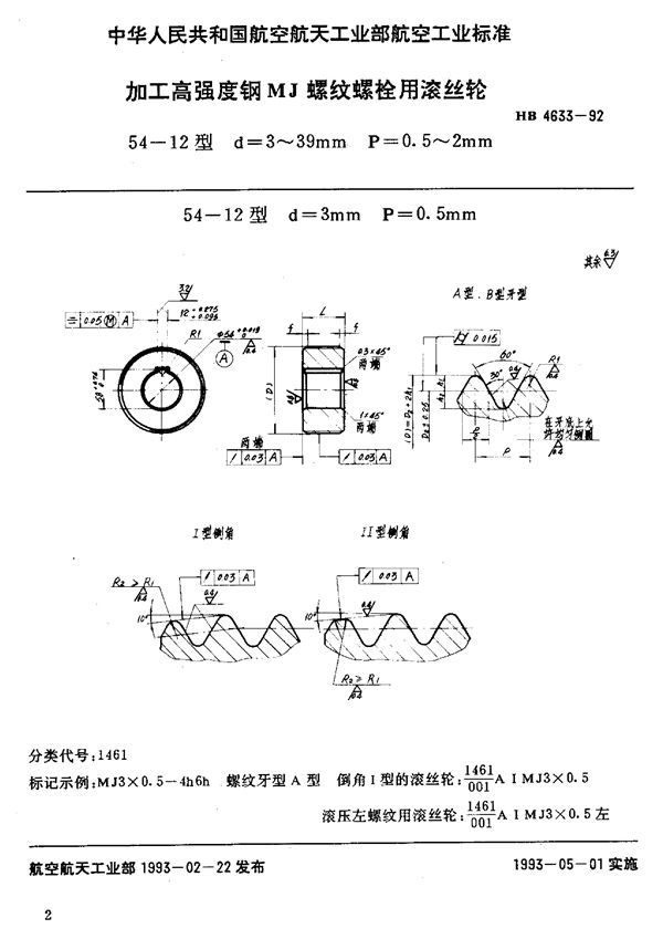 加工高强度钢MJ螺纹螺栓用滚丝轮 (HB 4633-1992)