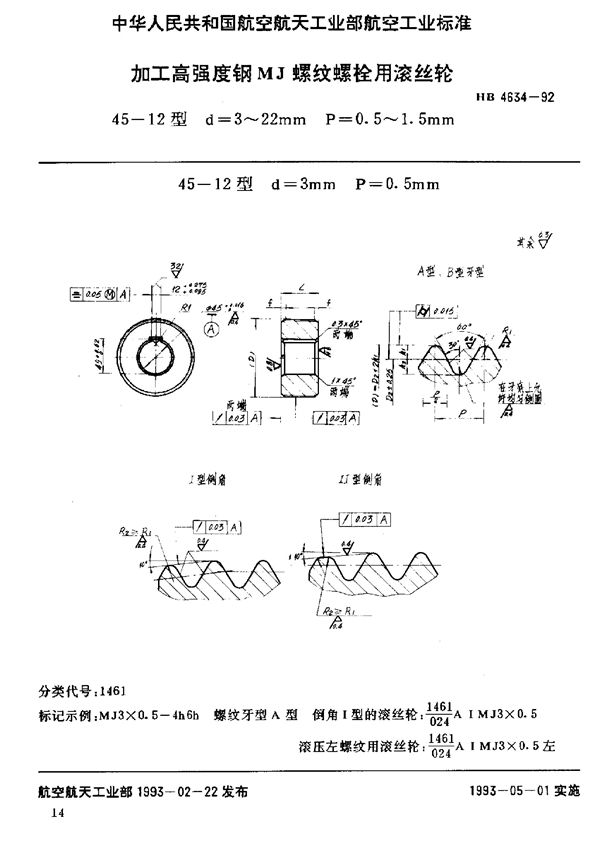 加工高强度钢MJ螺纹螺栓用滚丝轮 (HB 4634-1992)