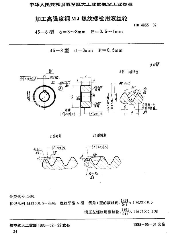 加工高强度钢MJ螺纹螺栓用滚丝轮 (HB 4635-1992)