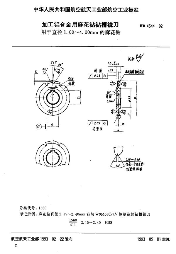 加工铝合金用麻花钻钻槽铣刀 (HB 4644-1992)