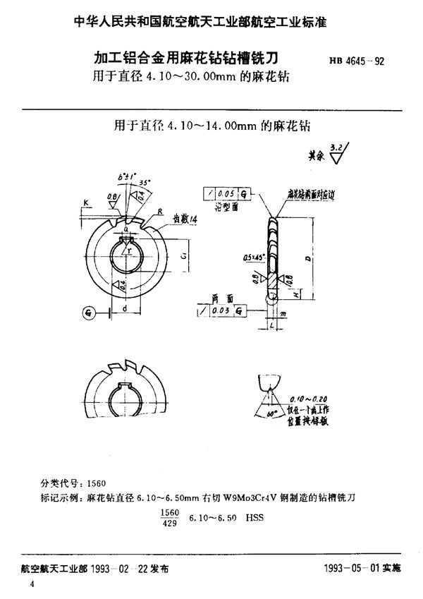 加工铝合金用麻花钻钻槽铣刀 (HB 4645-1992)