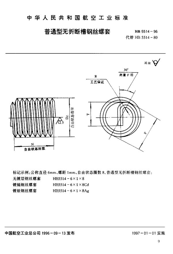 普通型无折断槽钢丝螺套型式与尺寸 (HB 5514-1996)