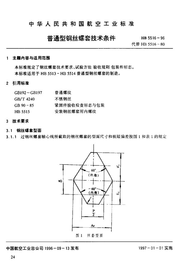 普通型钢丝螺套基本技术要求 (HB 5516-1996)