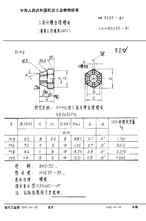 六角开槽自锁螺母(最高工作温度650℃) (HB 5635-1987)