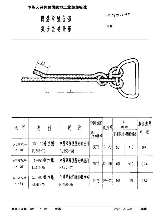 降落伞缝合部 绳子系结并缝 (HB 5879.16-1985)