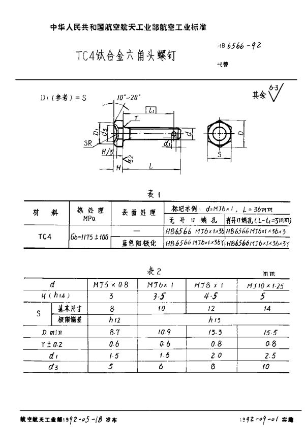 TC4钛合金六角头螺钉 (HB 6566-1992)