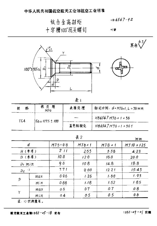 钛合金高扭矩十字槽100°沉头螺钉 (HB 6567-1992)