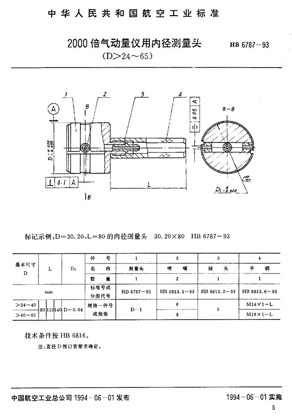 2000倍气动量仪用内径测量头(D-24～65) (HB 6787-1993)