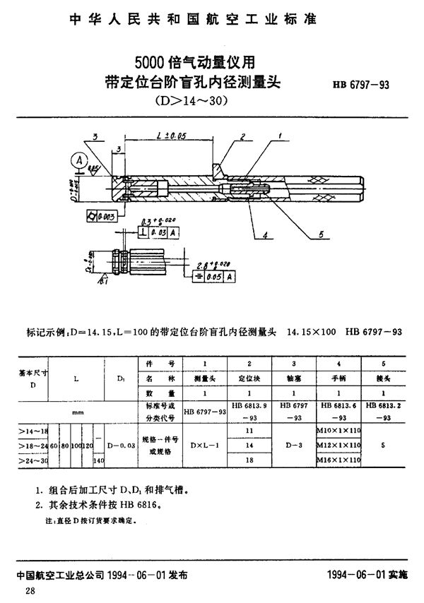 5000倍气动量仪用带定位台阶盲孔内径测量头 (HB 6797-1993)