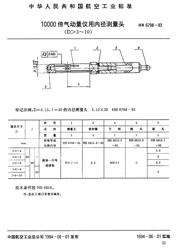 10000倍气动量仪用内径测量头 (HB 6798-1993)