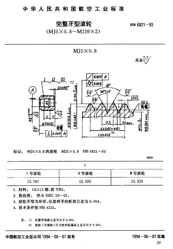 完整牙型滚轮(MJ5-0.8～MJ39-2) (HB 6821-1993)