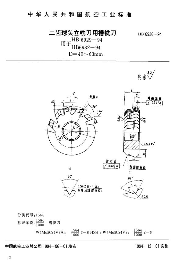 数控铣床用球头立铣刀用槽铣刀及样板 (HB 6936-1994)