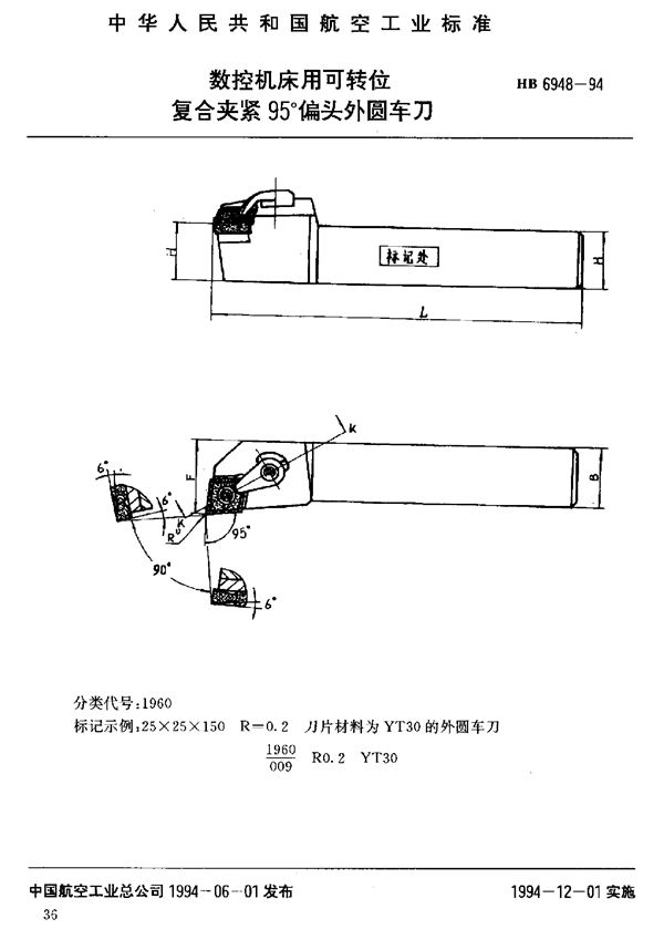 数控机床用可转位复合夹紧95°偏头外圆车刀 (HB 6948-1994)