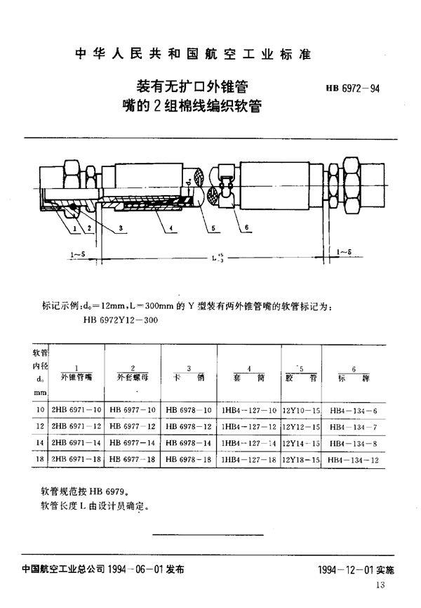 装有无扩口外锥管嘴的2组棉线编织软管 (HB 6972-1994)