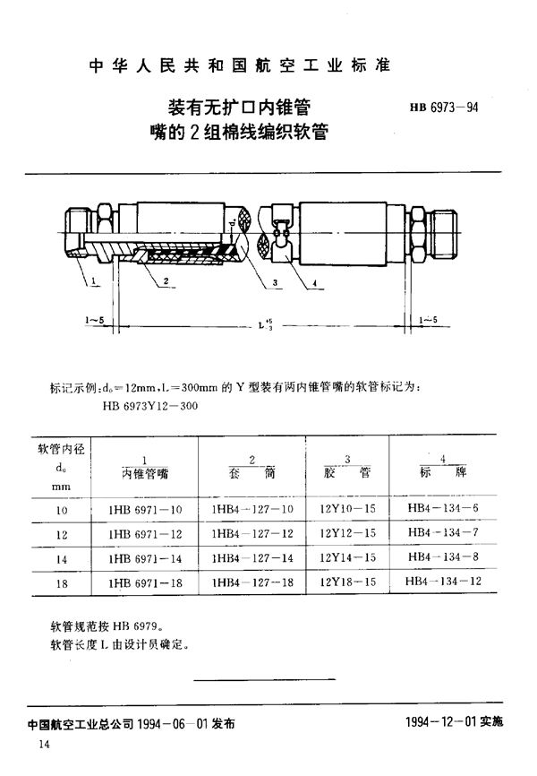 装有无扩口内锥管嘴的2组棉线编织软管 (HB 6973-1994)