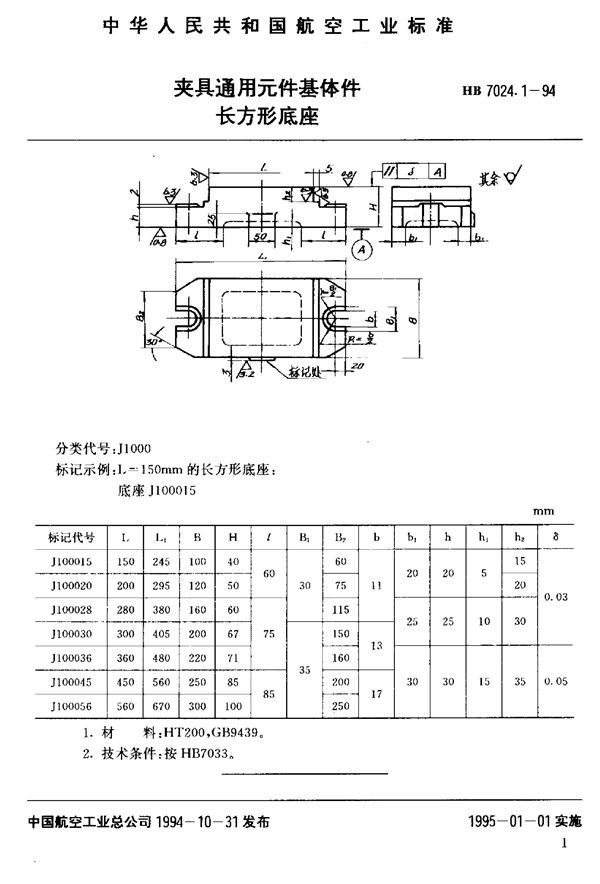 夹具通用元件基体件 (HB 7024.1-1994)