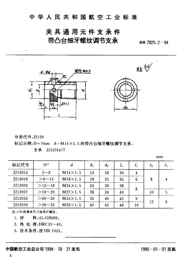 夹具通用元件支承件带凸台细牙螺纹调节支承 (HB 7025.2-1994)