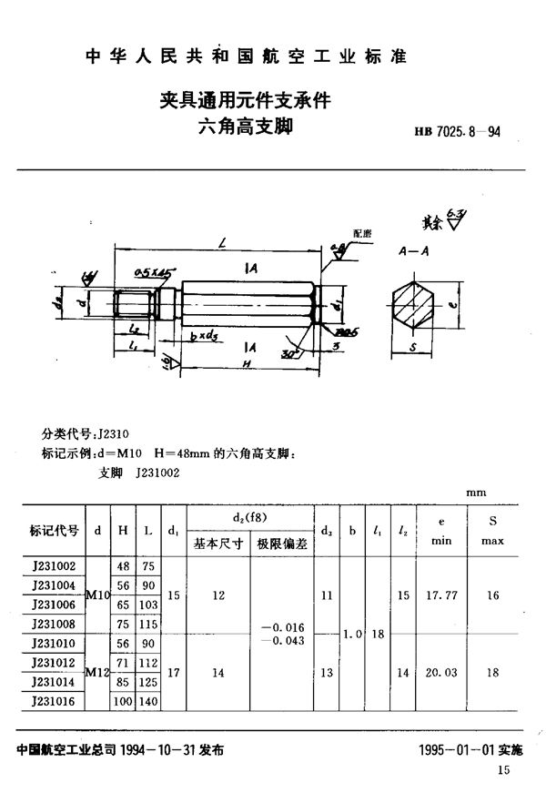 夹具通用元件支承件六角高支脚 (HB 7025.8-1994)