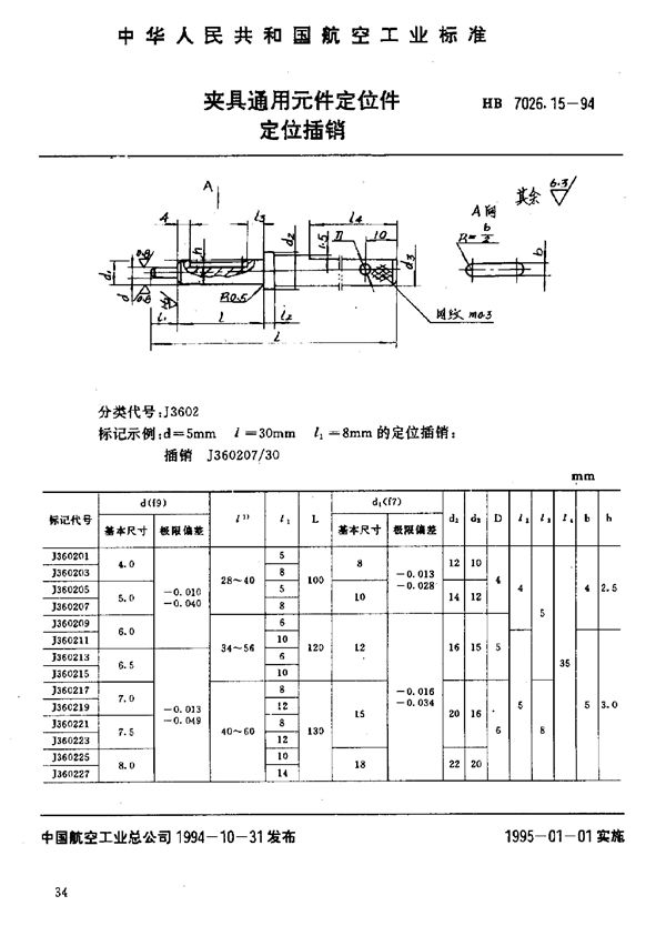 夹具通用元件定位件 定位插销 (HB 7026.15-1994)