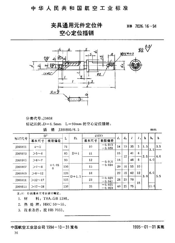 夹具通用元件定位件 空心定位插销 (HB 7026.16-1994)