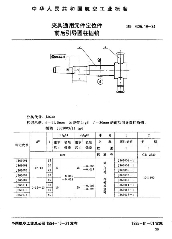 夹具通用元件定位件 前后引导圆柱插销 (HB 7026.19-1994)