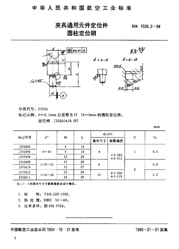 夹具通用元件定位件 圆柱定位销 (HB 7026.2-1994)