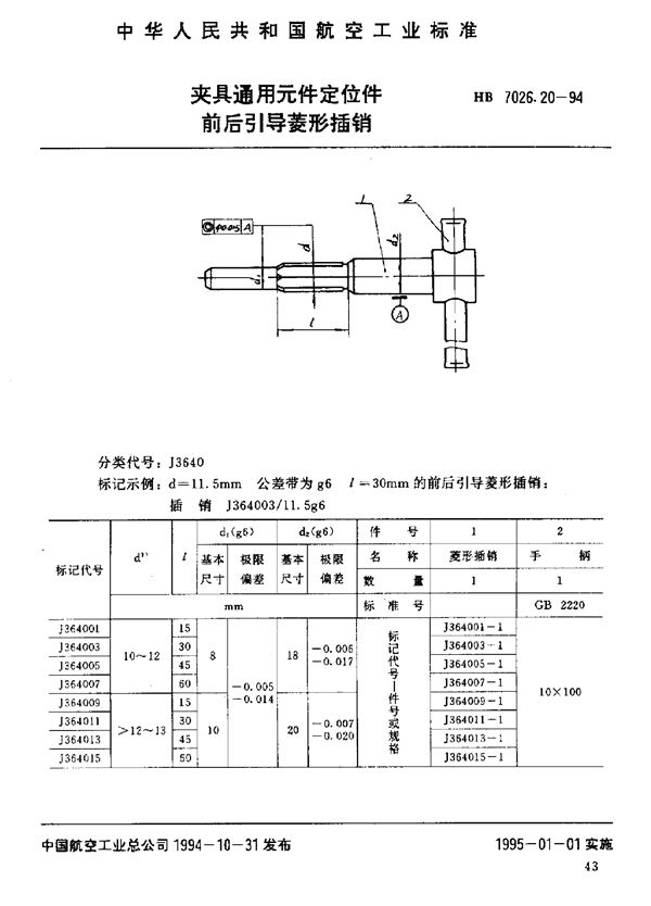 夹具通用元件定位件 前后引导菱形插销 (HB 7026.20-1994)