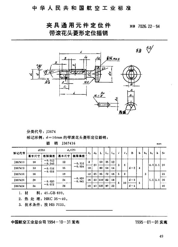 夹具通用元件定位件 带滚花头菱形定位插销 (HB 7026.22-1994)