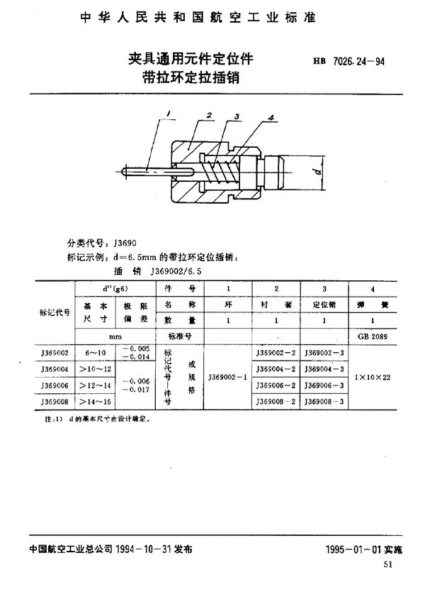 夹具通用元件定位件 带拉环定位插销 (HB 7026.24-1994)