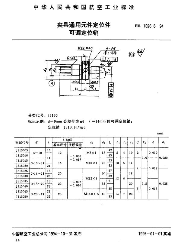 夹具通用元件定位件 可调定位销 (HB 7026.8-1994)