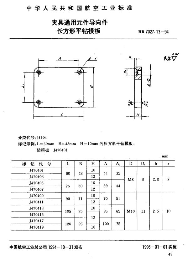 夹具通用元件导向件长方形平钻模板 (HB 7027.13-1994)