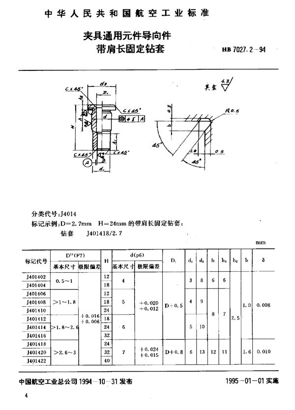 夹具通用元件导向件长导套 (HB 7027.3-1994)