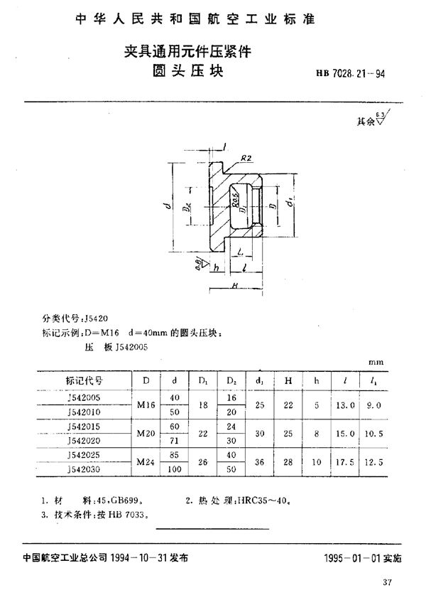 夹具通用元件压紧件 圆头压块 (HB 7028.21-1994)