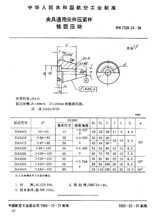 夹具通用元件压紧件 锥面压块 (HB 7028.24-1994)