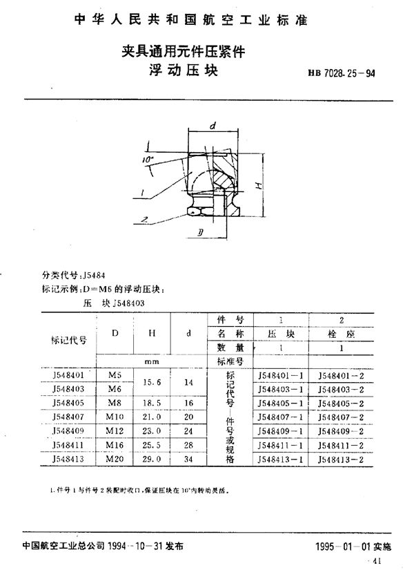 夹具通用元件压紧件 浮动压块 (HB 7028.25-1994)