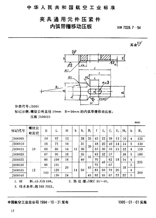 夹具通用元件压紧件 内弧带槽移动压板 (HB 7028.7-1994)