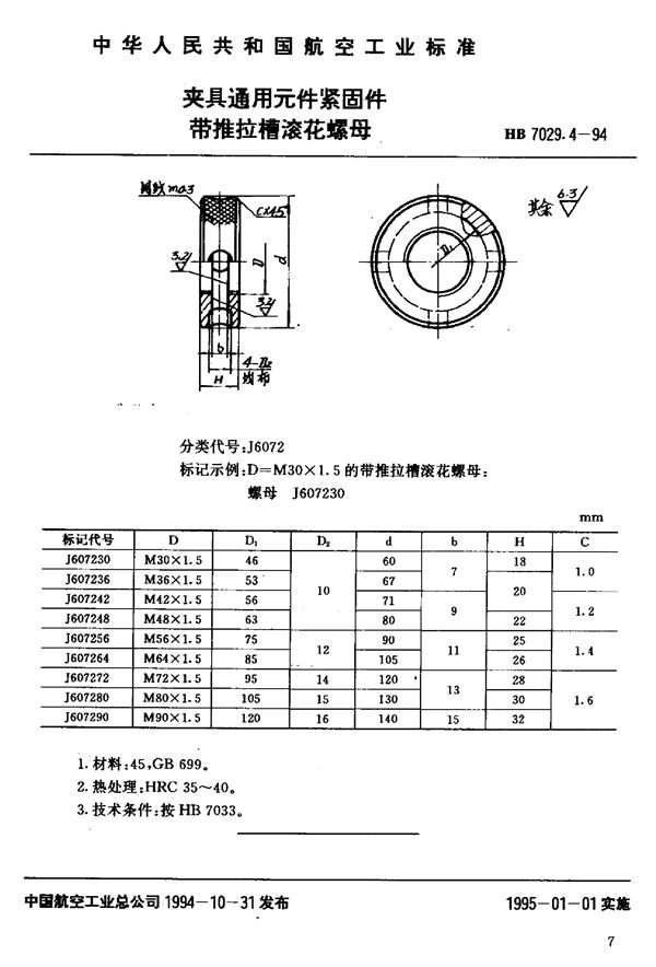 夹具通用元件紧固件带推拉槽滚花螺母 (HB 7029.4-1994)