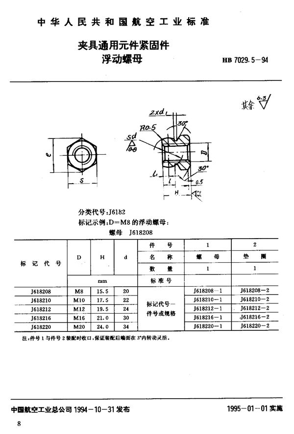 夹具通用元件紧固件浮动螺母 (HB 7029.5-1994)