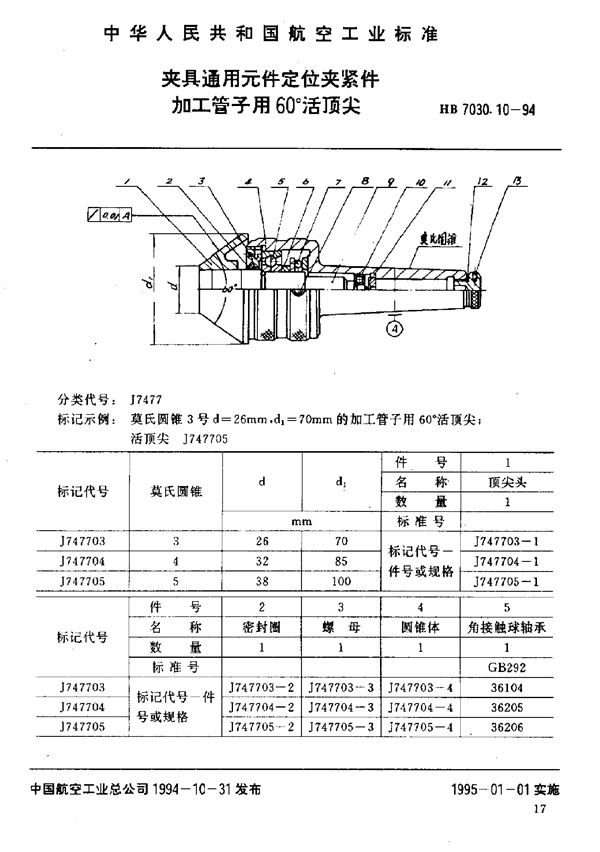 夹具通用元件定位夹紧件 加工管子用60°活顶尖 (HB 7030.10-1994)