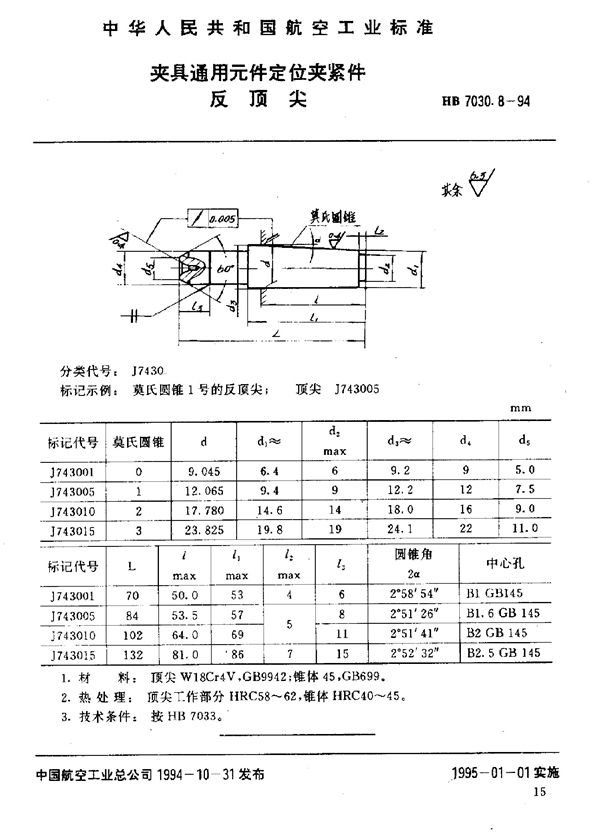 夹具通用元件定位夹紧件 反顶尖 (HB 7030.8-1994)