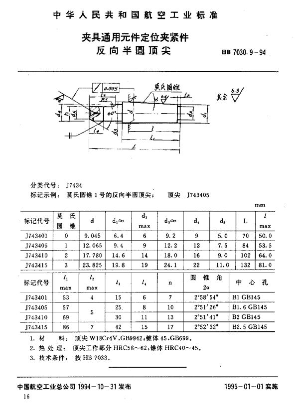 夹具通用元件定位夹紧件 反向半圆顶尖 (HB 7030.9-1994)